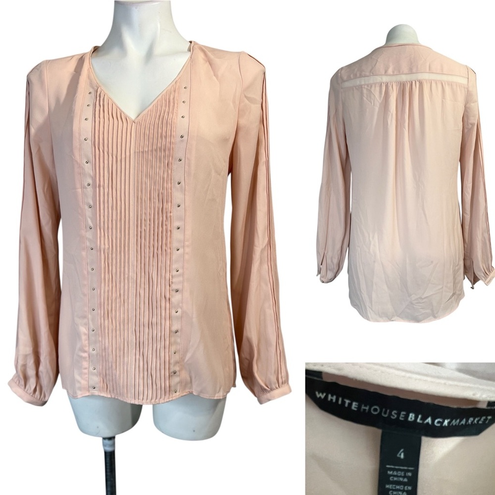 White House Black Market WHBM Blouse Sz 4 Blush pink Pleated long sleeve office‎